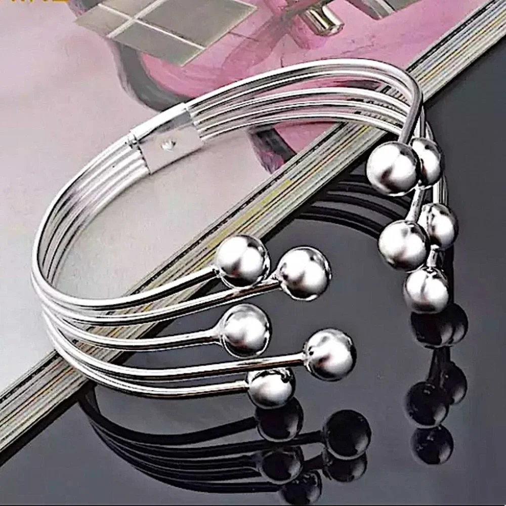 Sterling Silver Beaded Ball Bracelet Cuff Bangle Matching Ring Set